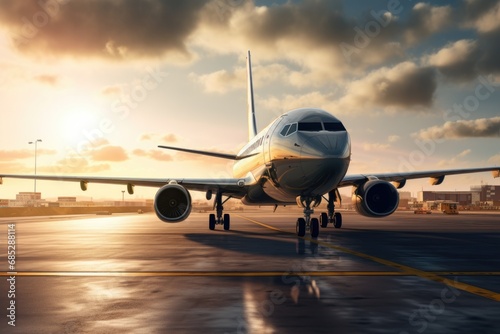 A picture of a large jetliner parked on top of an airport tarmac. This image can be used to depict air travel, airports, transportation, or aviation industry.