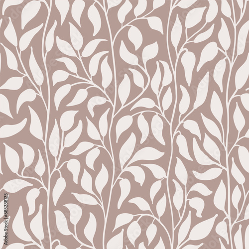 Calming neutral beige climbing leafy vines seamless vector pattern