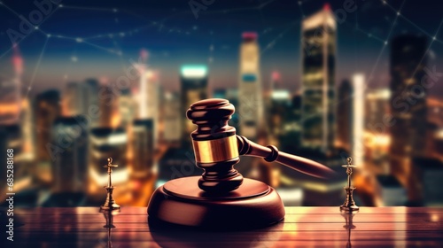 A wooden gavel of law on a table top with the night scene digital city skyline with graphic of network connection in blur background. beautiful Generative AI AIG32