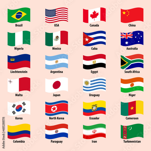 Collection of national waving flags of countries on a bright background