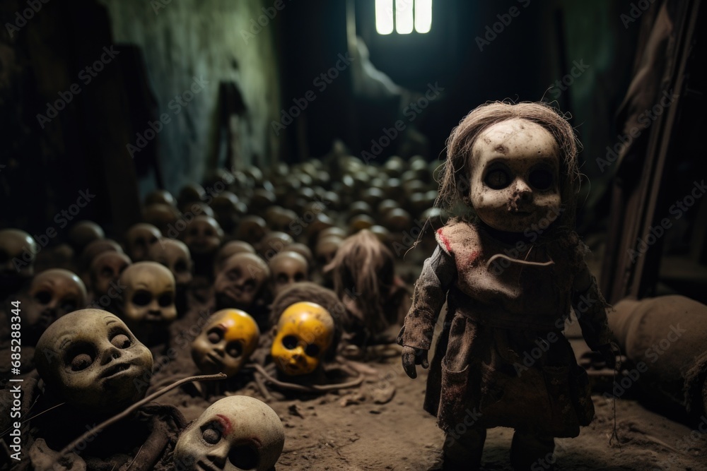 A creepy doll stands amidst a room full of skulls. This eerie image can be used to create a spooky atmosphere or to illustrate themes of horror and the supernatural.