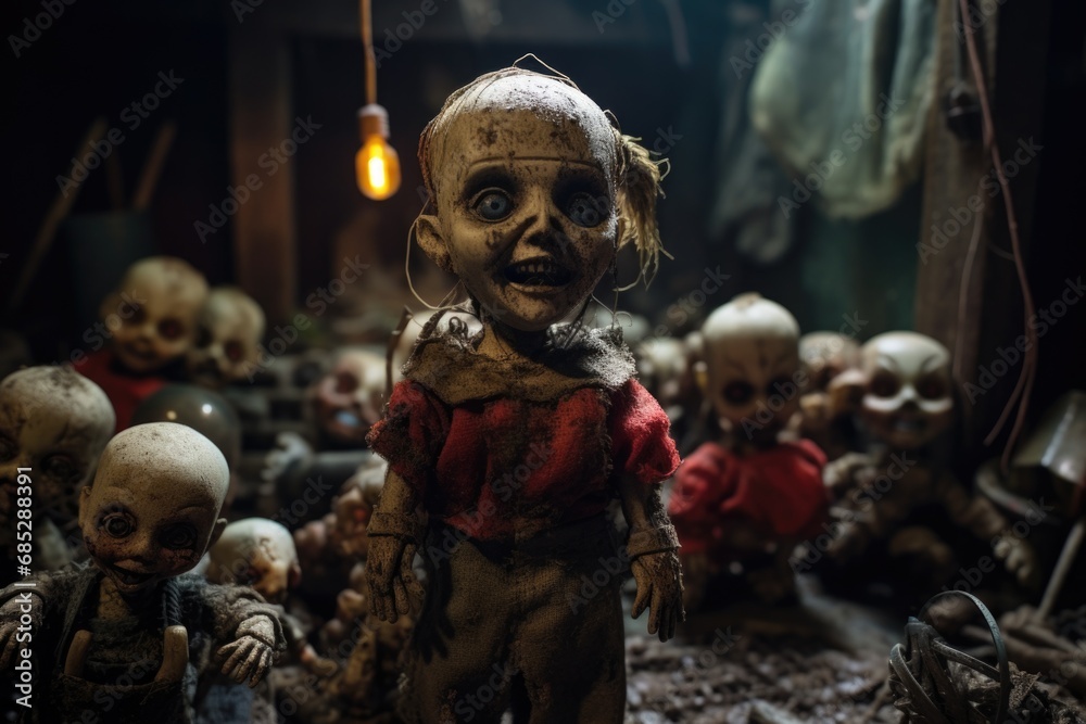 A collection of eerie dolls arranged in a room. Perfect for horror-themed projects or creating a spooky atmosphere.