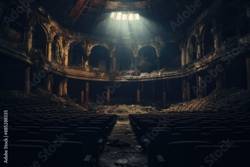 An image of an empty theatre with rows of seats, perfect for illustrating the concept of a vacant or unused space.  photo