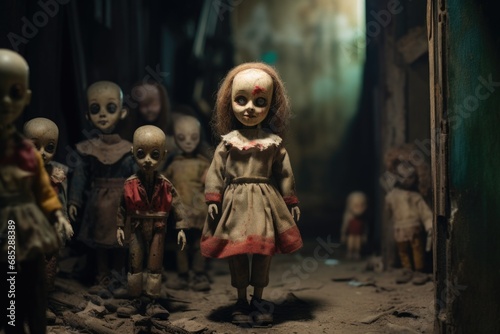 A group of creepy dolls standing next to each other. Suitable for horror themes and Halloween decorations.
