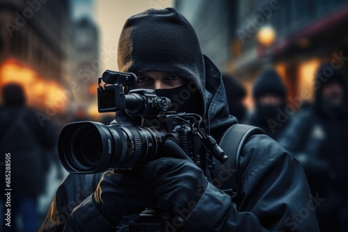 A man wearing a black hoodie is seen holding a camera. This versatile image can be used in various contexts, such as photography, technology, or surveillance themes.
