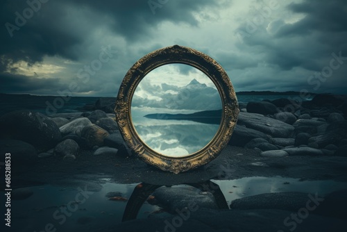 A mirror sitting on top of a rocky beach. Can be used for concepts related to self-reflection, nature, and tranquility.