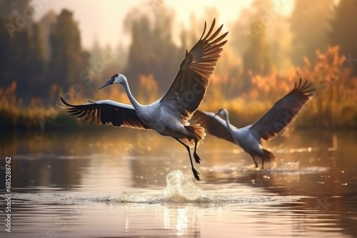 A beautiful image capturing a couple of birds gracefully soaring through the air above a serene body of water. This picture can be used to add a touch of tranquility and nature to various projects. © Ева Поликарпова
