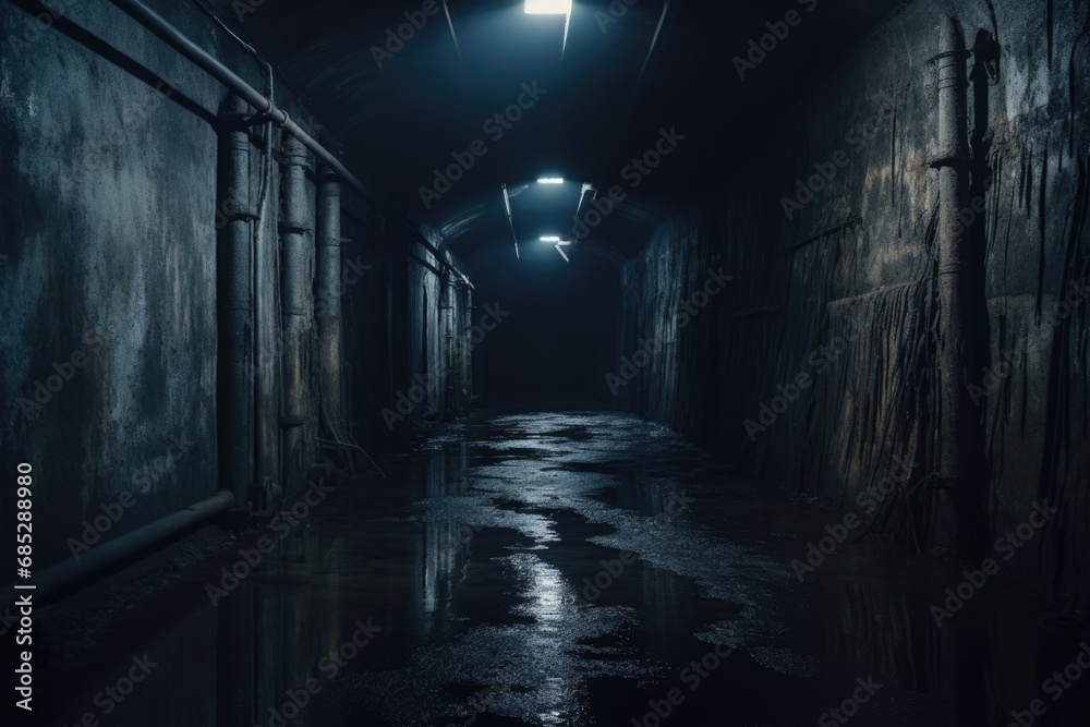 A dark hallway illuminated by a single light at the end. This image can be used to depict hope, progress, or overcoming obstacles.