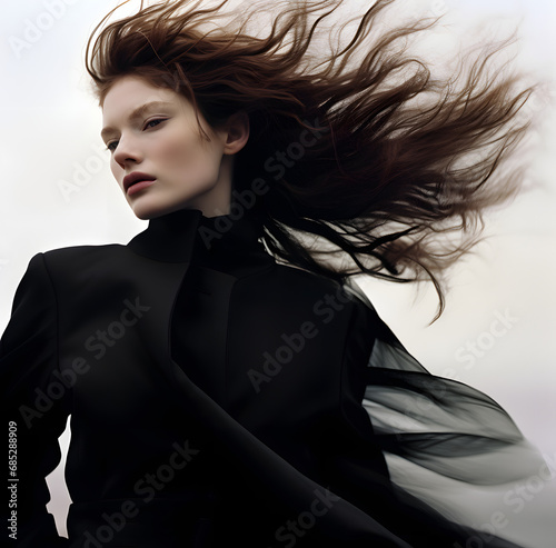 A woman with hair flowing in the wind