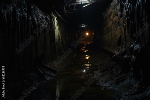 A picture of a dark tunnel with a faint light shining at the end. This image can be used to represent hope  overcoming challenges  or a journey towards a goal.