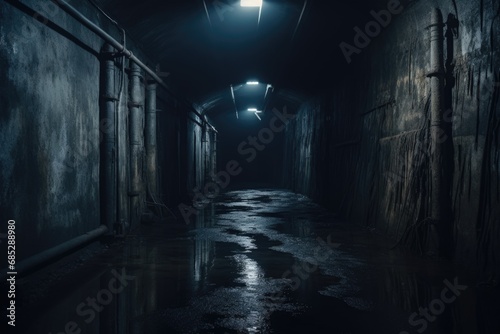 A dark hallway illuminated by a single light at the end. This image can be used to depict hope, progress, or overcoming obstacles.