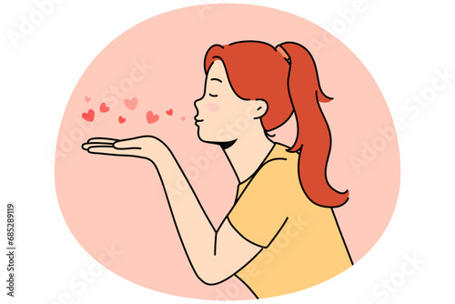 Happy young woman send air kisses. Smiling girl share love and affection. Like and care demonstration. Vector illustration.