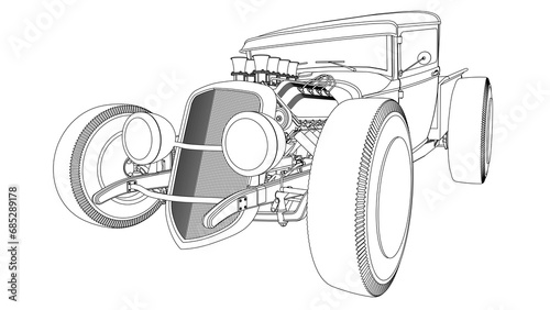 Coloring page. Line drawing of a car. Classic American hot rod in cartoon style. A powerful car with a big engine. Coloring book for children.