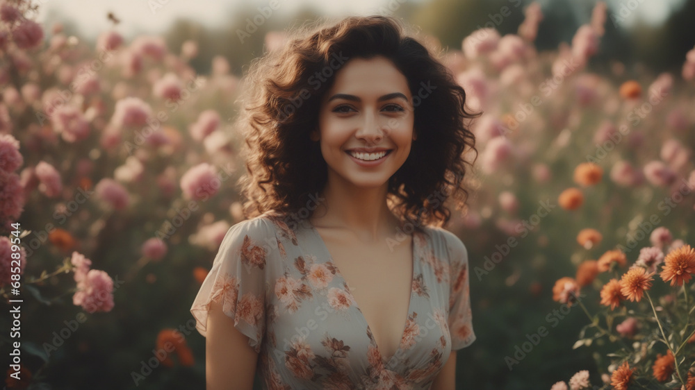 A smiling woman in the spring flowering fields A smiling woman in the spring flowering fields