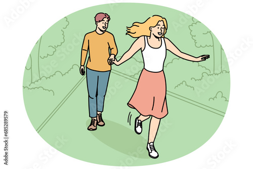Happy young couple walking together in park. Smiling man and woman enjoy romantic date in summer forest. Relationships. Vector illustration.