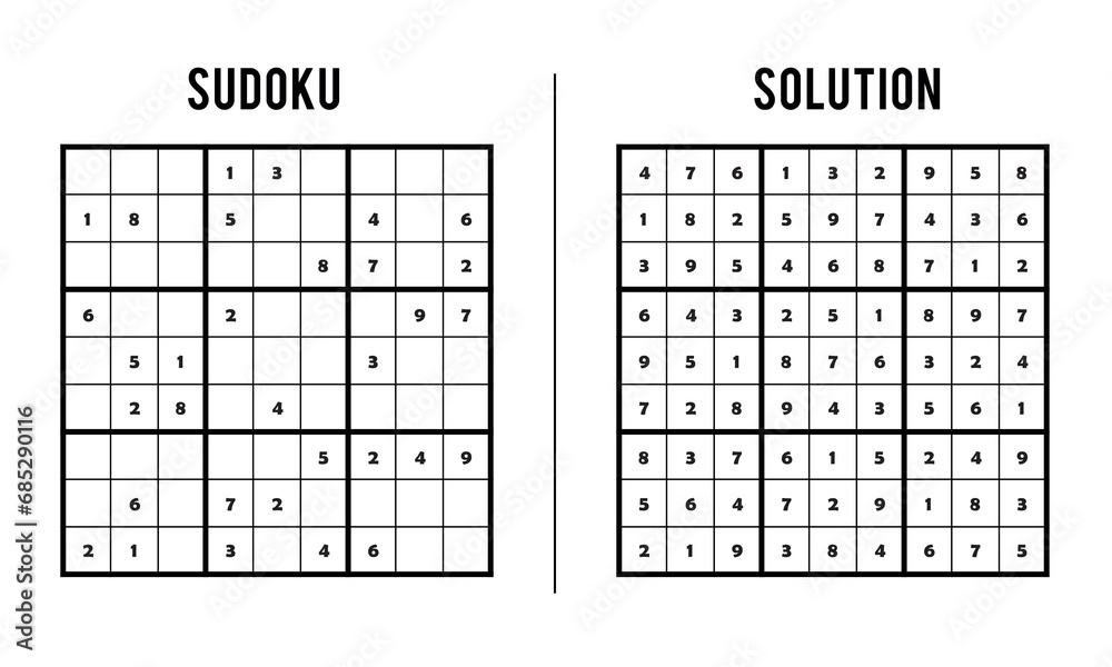 Sudoku Puzzles for Kids and Adults, Game With Solution, Magic Square. Logic puzzle game. Digital rebus