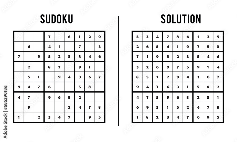 Sudoku Puzzles for Kids and Adults, Game With Solution, Magic Square. Logic puzzle game. Digital rebus Sudoku Puzzles for Kids and Adults, Game With Solution, Magic Square. Logic puzzle game. Digital rebus