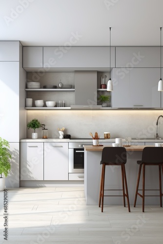 Empty modern kitchen with grey and white scheme for product mockup  AI generated illustration © ArtStage