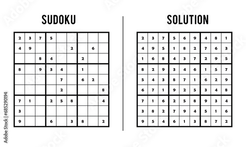 Sudoku Puzzles for Kids and Adults, Game With Solution, Magic Square. Logic puzzle game. Digital rebus