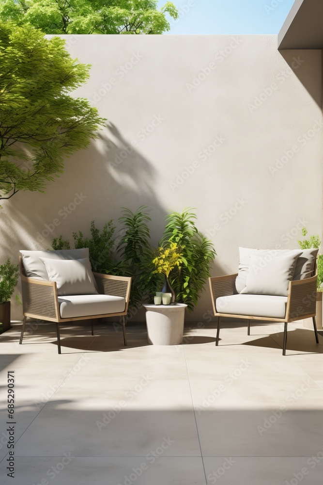 Empty outdoor patio with modern furniture for outdoor decor mockup AI generated illustration - obrazy, fototapety, plakaty 