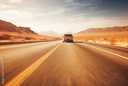 Car on desert highway road. Car trip along desert mountain landscape, steppe road