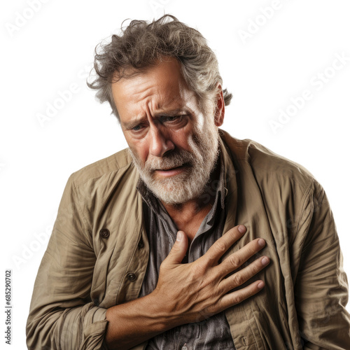 An older man feeling pain in his chest with a worried face