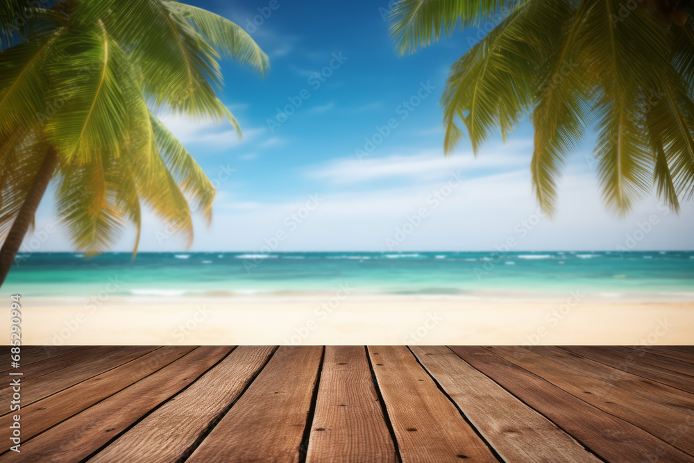 Empty wooden table with tropical beach theme in background. Generative Ai Empty wooden table with tropical beach theme in background. Generative Ai
