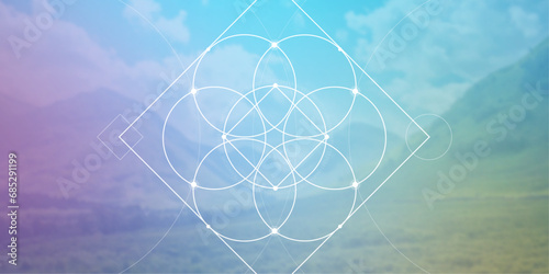 Flower of life. Tree of life. Sacred geometry spiritual new age futuristic illustration with transmutation interlocking circles, triangles and glowing particles