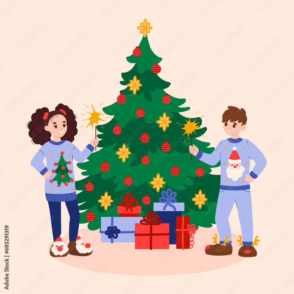 Family celebrating Christmas concept with character scene. Girl and boy in ugly sweaters hold sparklers by festive tree with balls and toys and gifts. Vector illustration in flat cartoon design Family celebrating Christmas concept with character scene. Girl and boy in ugly sweaters hold sparklers by festive tree with balls and toys and gifts. Vector illustration in flat cartoon design