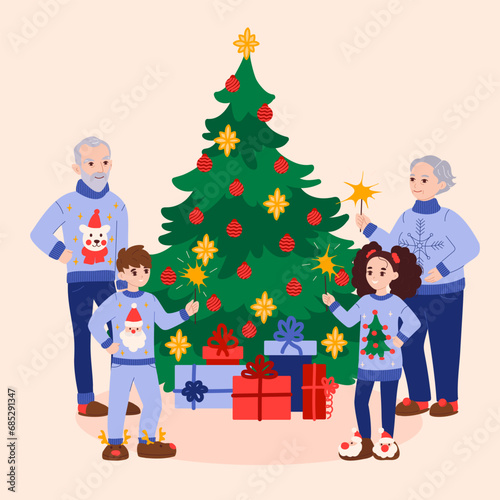 Family celebrating Christmas concept with character scene. Grandparents and grandchildren in cute ugly sweaters hold sparkler by tree with toys and gifts. Vector illustration in flat cartoon design