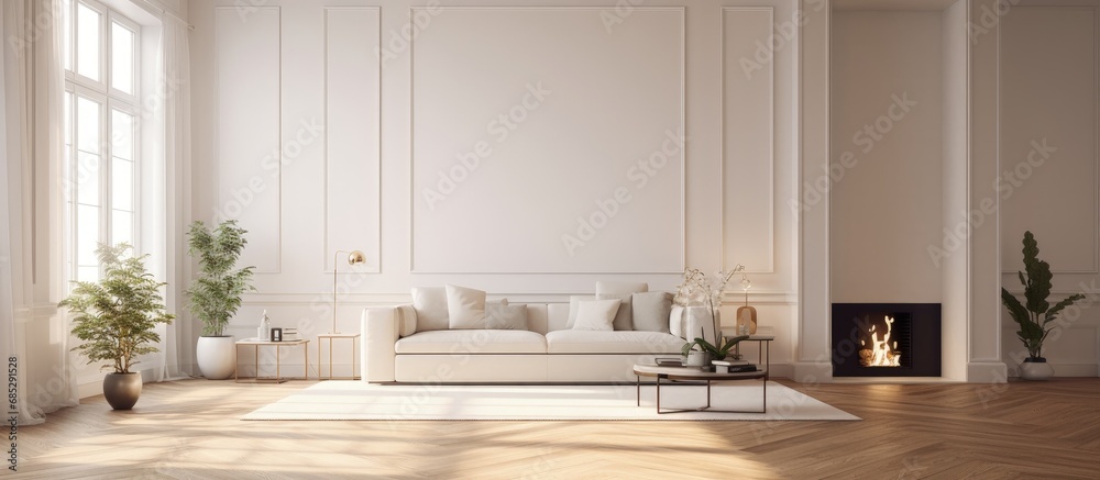 Luxurious well lit hotel interior with elegant design including wood floors fireplace sofa and stucco walls copy space image