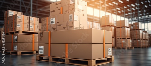 Stacked cardboard boxes wrapped in plastic are stored inside a warehouse on pallet racks with L shaped cardboard angle protectors copy space image photo
