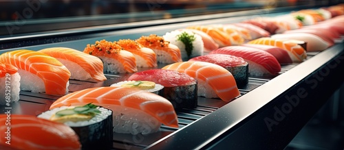 Sushi and Sashimi rolling on a belt copy space image
