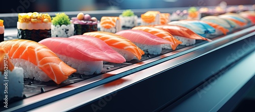Sushi and Sashimi rolling on a belt copy space image photo