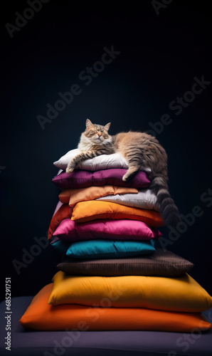 Lazy cat sleeping on pile of colorful pillows photo