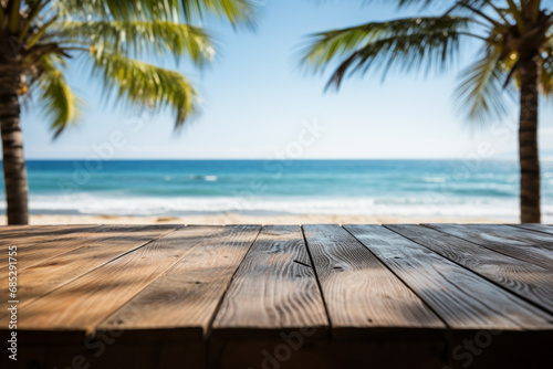 Empty wooden table with tropical beach theme in background. Generative Ai