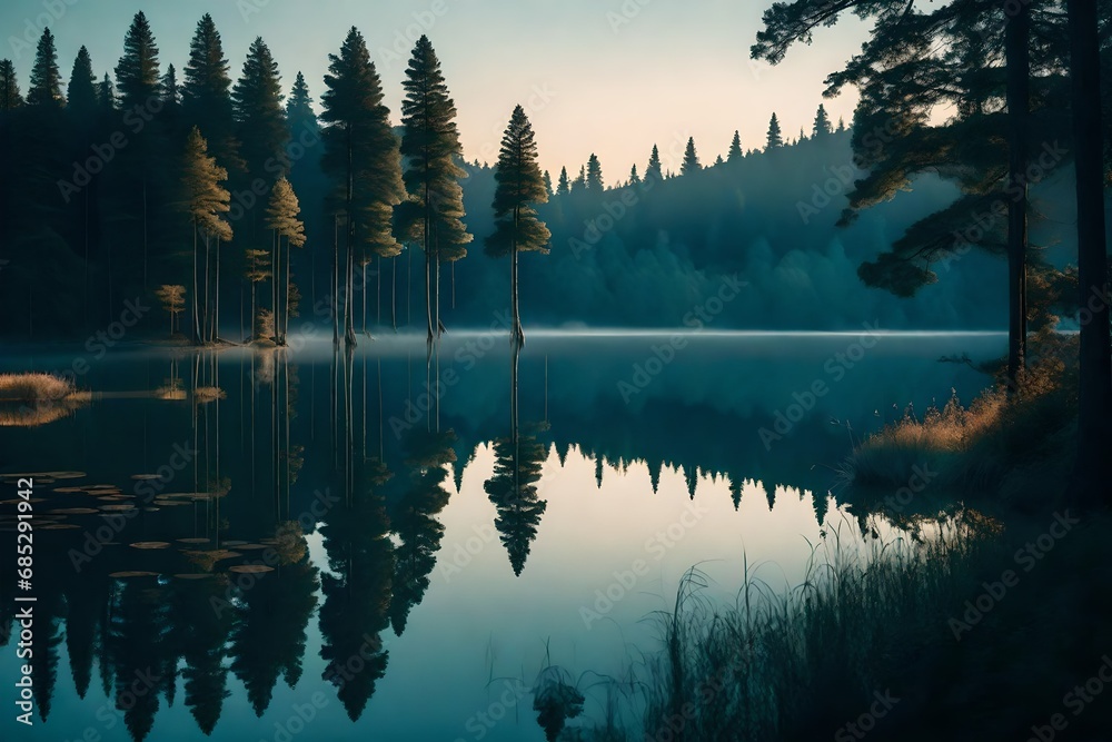 Imagine a tranquil lakeside scene, where a mirror-like lake reflects the surrounding forest, shrouded in the soft hues of twilight.