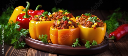 Peppers filled with ground meat beans and corn copy space image photo