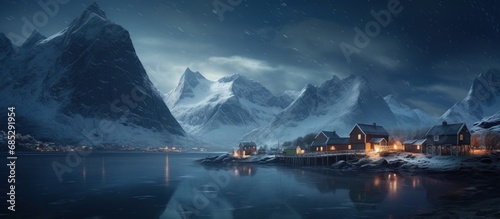 Nighttime scene in Lofoten Norway with Norwegian fishermen and cabins captured at dawn during colder months copy space image photo
