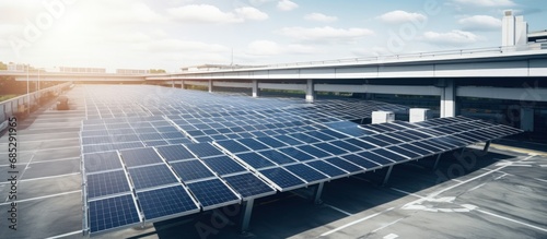 Overhead view of solar panels on parking structures copy space image photo