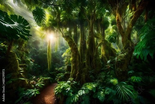 Picture a lush  tropical rainforest canopy  with vibrant foliage and exotic wildlife  all bathed in the dappled sunlight filtering through the leaves.