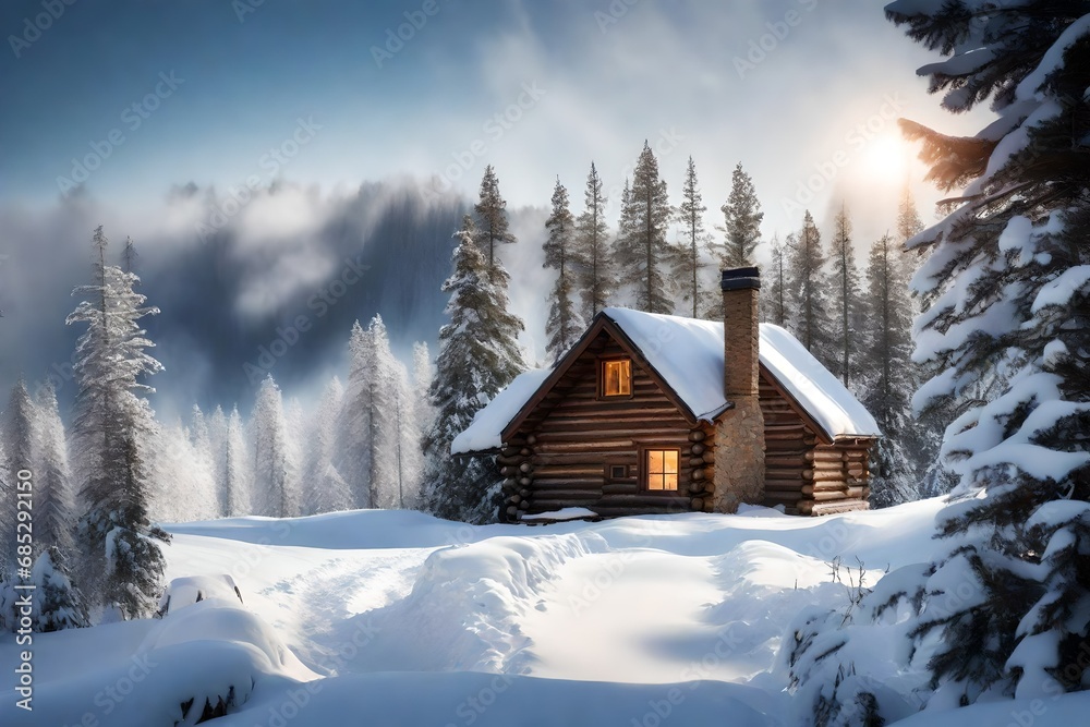 Imagine a winter wonderland with a snow-covered, remote cabin nestled in a pine forest, smoke rising from its chimney into the crisp, cold air. Imagine a winter wonderland with a snow-covered, remote cabin nestled in a pine forest, smoke rising from its chimney into the crisp, cold air.