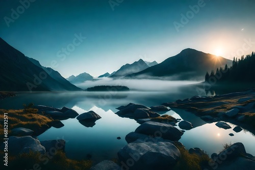 Imagine a serene mountain valley at dawn, with mist rising from a pristine lake.