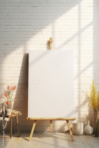 Light-filled artist studio with blank canvas for art supplies mockup AI generated illustration