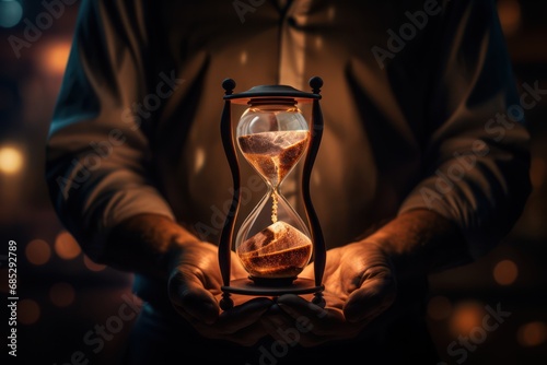A man holding an hourglass with the hourglass being held in his hand.