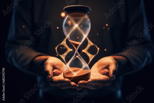 A man holding an hourglass with the hourglass being held in his hand. 