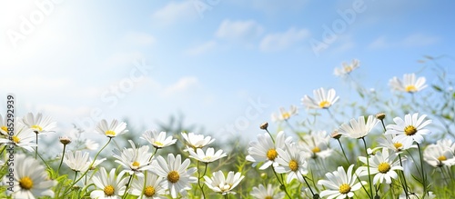 The white and yellow flowers bloom beautifully in nature under the open sky and shining sun copy space image © vxnaghiyev