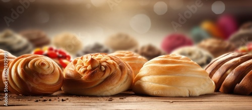 Mexican bakery selling traditional Conchas sweet bread copy space image photo