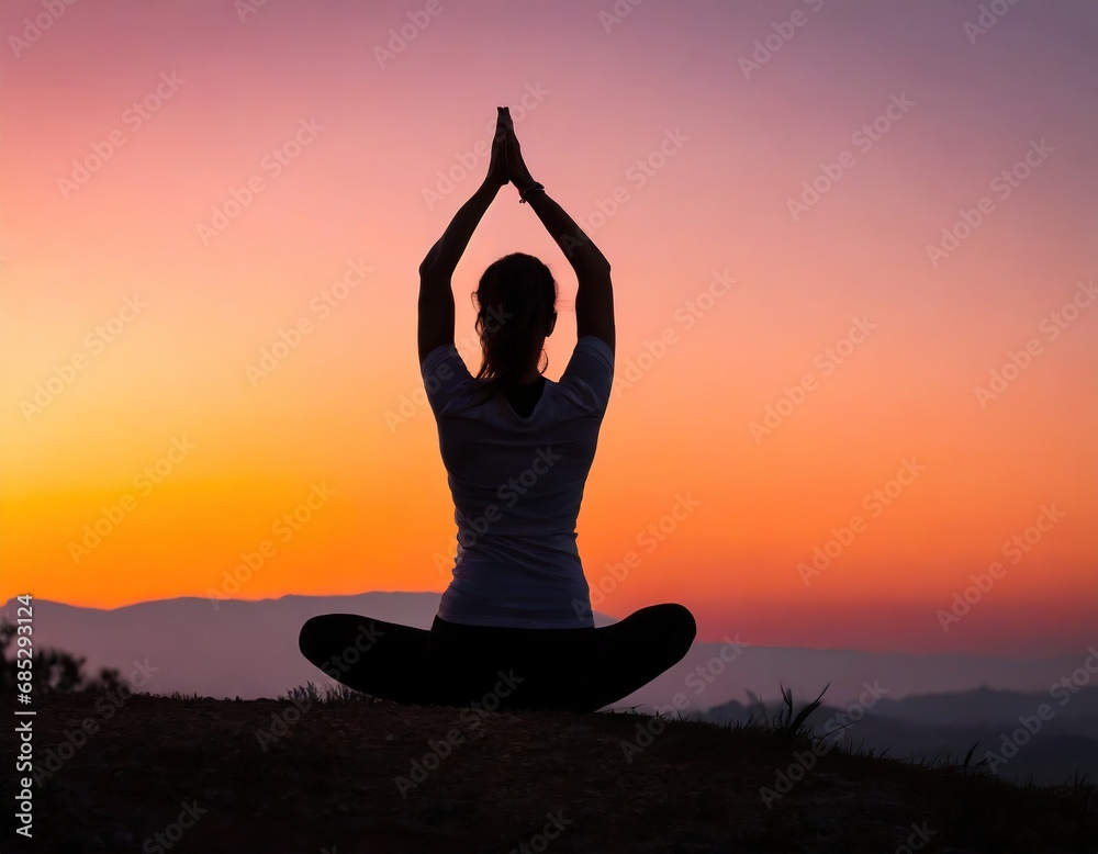 Armonía al Atardecer: Practicando Yoga bajo un Cielo Naranja y Rosa