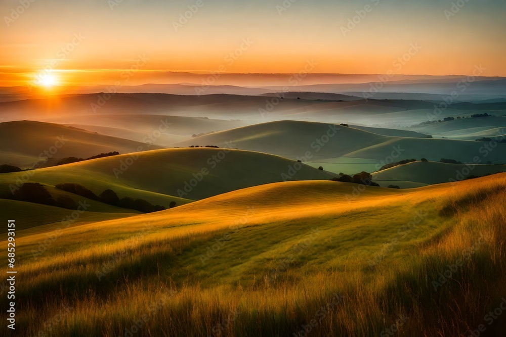 A Photograph of a serene sunset casting a pastel glow upon a vast expanse of rolling hills, capturing the tranquility of an endless countryside.